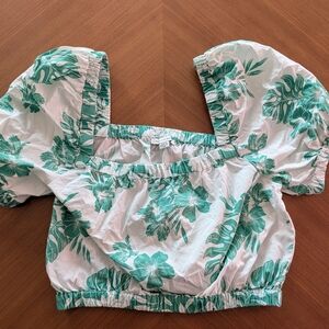 Green Floral Puff Sleeve Crop Top